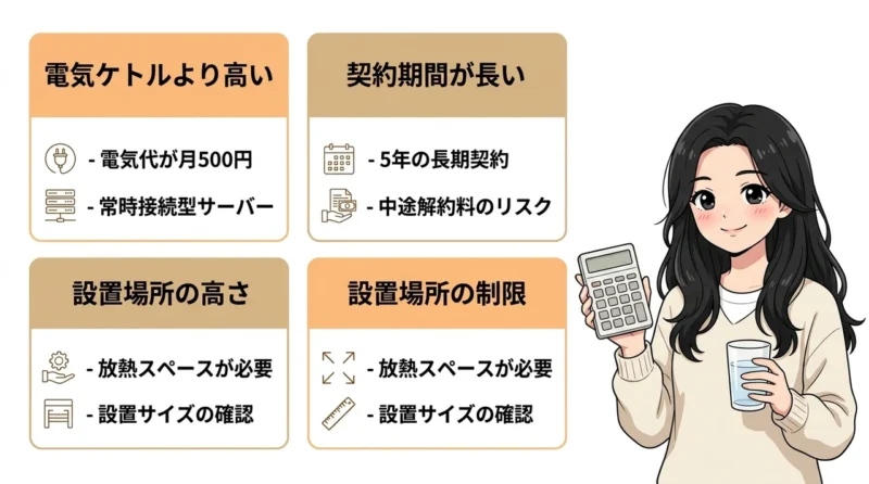 Locca利用時に注意すべき3つのデメリットの要点をまとめた図解（電気ケトルより高い・契約期間が長い・設置場所の制限）