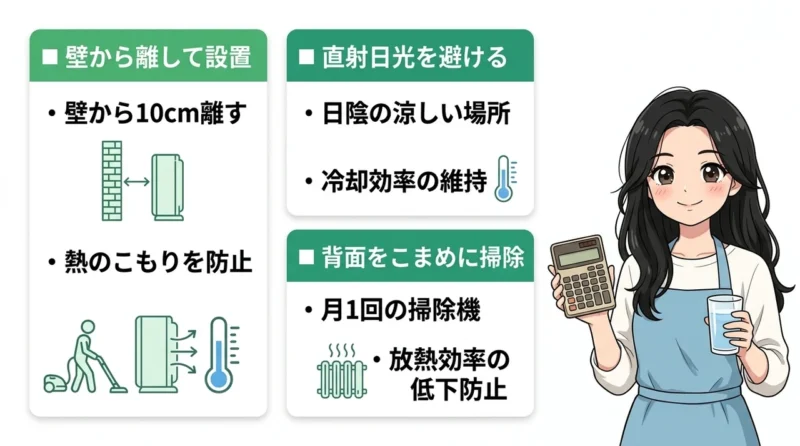 電気代を最小限に抑える設置と運用のコツの要点をまとめた図解（壁から離して設置・直射日光を避ける・背面をこまめに掃除）
