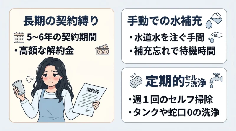 Loccaの契約前に知るべきデメリット3選の要点をまとめた図解(長期の契約縛り・手動での水補充・定期的なセルフ洗浄)