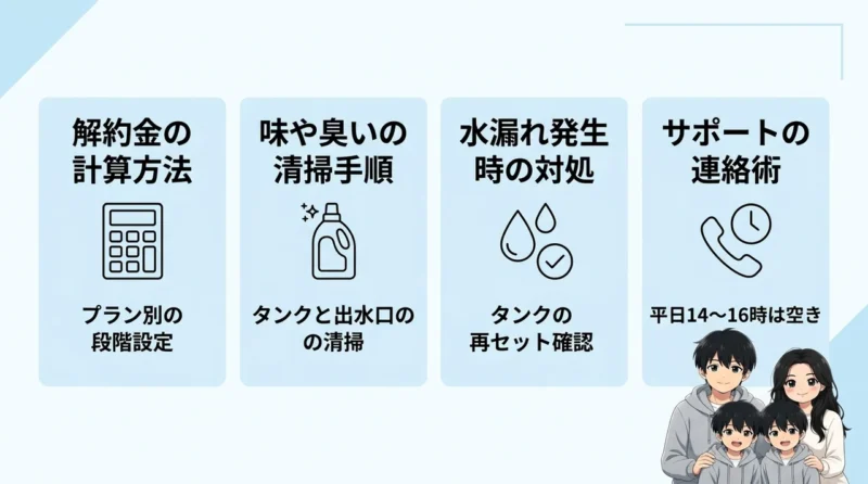 Loccaで失敗したと感じた時のトラブル解決法の要点をまとめた図解(解約金の計算方法・味や臭いの清掃手順・水漏れ発生時の対処)