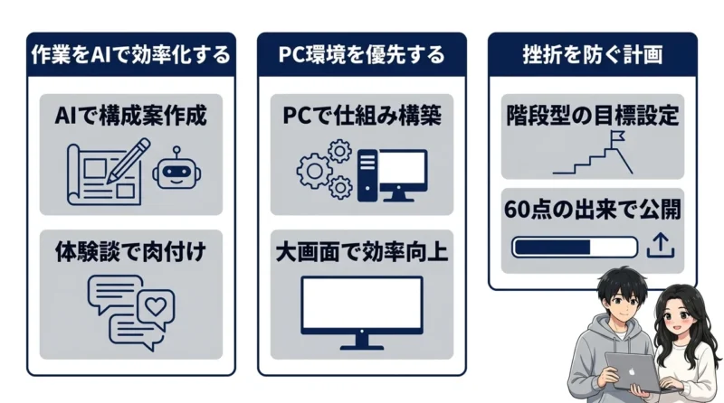 アンリミテッドアフィリエイトの実践を成功させるコツの要点をまとめた図解(作業をAIで効率化する・PC環境を優先する・挫折を防ぐ計画を立てる)