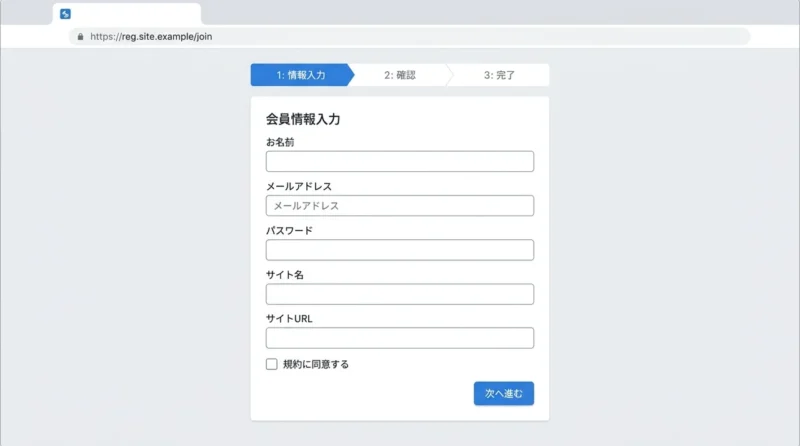 バリューコマースの登録方法と手順3ステップの操作画面のイメージ(メールで仮登録する・会員情報を入力する・審査・本登録を完了する)