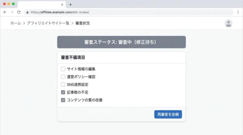 審査落ちを防ぎ登録を成功させるポイントの操作画面のイメージ(運営ポリシーの遵守・記事数と内容の充実・SNS連携の注意点)