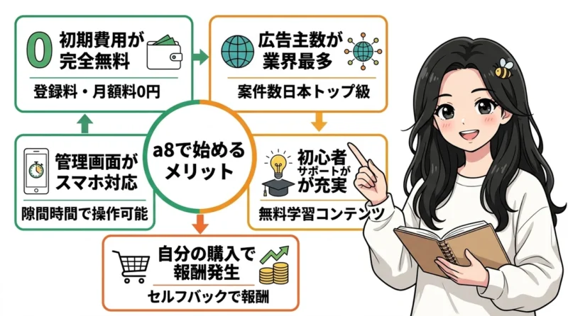 a8で副業を始める5つのメリットの要点をまとめた図解(初期費用が完全無料・広告主数が業界最多・管理画面がスマホ対応)