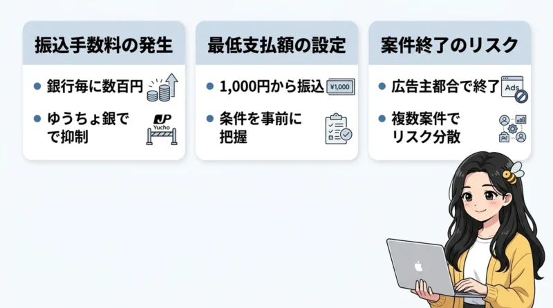 a8で副業を行う際の3つのデメリットの要点をまとめた図解(振込手数料がかかる・最低支払額の設定・案件終了のリスク)