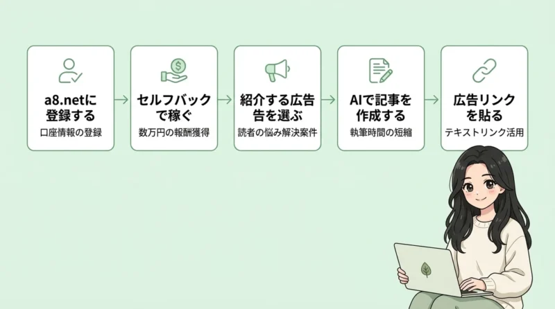a8の副業で収益を出す5ステップの要点をまとめた図解(a8.netに登録する・セルフバックで稼ぐ・紹介する広告を選ぶ)