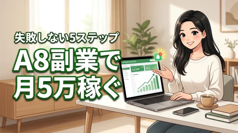 a8の副業で月5万稼ぐ！初心者でも失敗しない始め方5ステップを公開（記事のアイキャッチ画像）