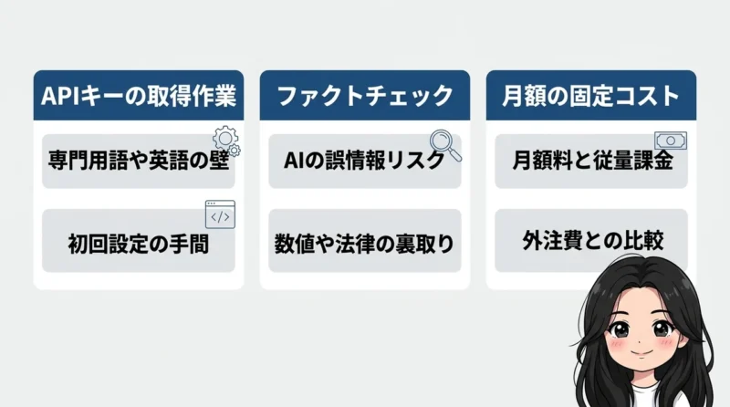 AI維新Writer利用時のデメリット3つの要点をまとめた図解（APIキーの取得作業・ファクトチェック・月額の固定コスト）