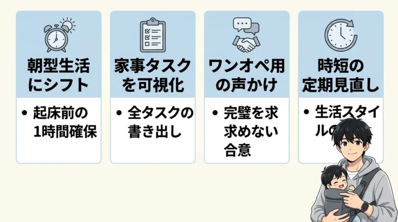 パパが育児を効率化するルーチンと役割分担のコツの要点をまとめた図解（朝型生活にシフトする・家事タスクを可視化する・ワンオペ用の声かけを意識）
