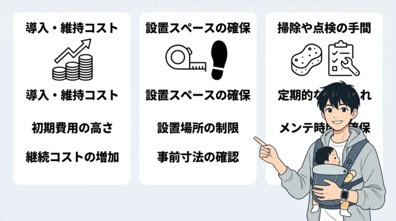 時短家電や外部サービスを利用するデメリットの要点をまとめた図解（導入や維持にコストがかかる・設置スペースの確保が必要・定期的な掃除や点検の手間）