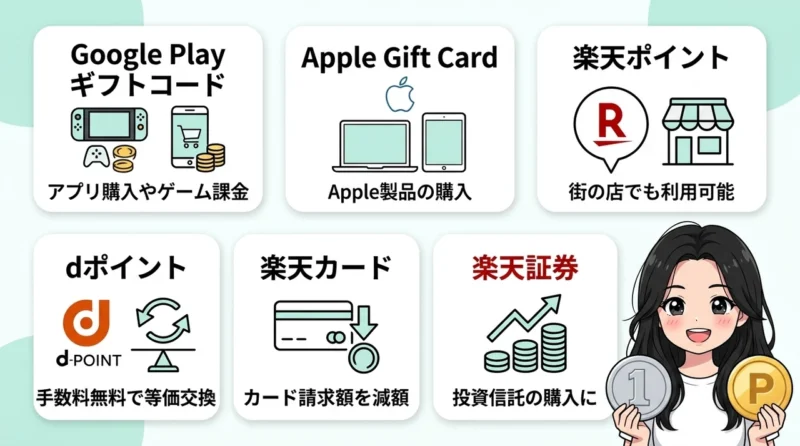 ハピタスのおすすめ交換先6選の要点をまとめた図解（Google Playギフトコード・Apple Gift Card・楽天ポイント）