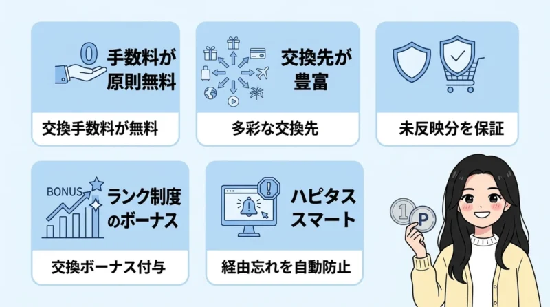 ハピタスでポイ活をするメリット5つの要点をまとめた図解（手数料が原則無料・交換先が豊富・お買い物あんしん保証）
