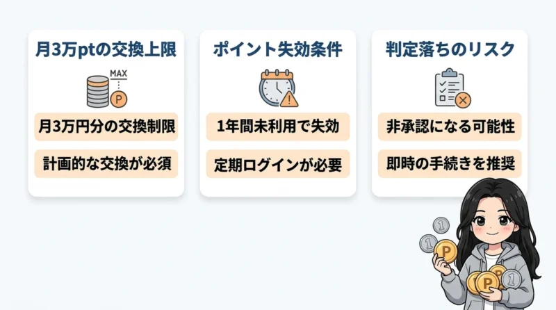 ハピタスを利用する際のデメリット3つの要点をまとめた図解（月3万ptの交換上限・ポイント失効条件・判定落ちのリスク）