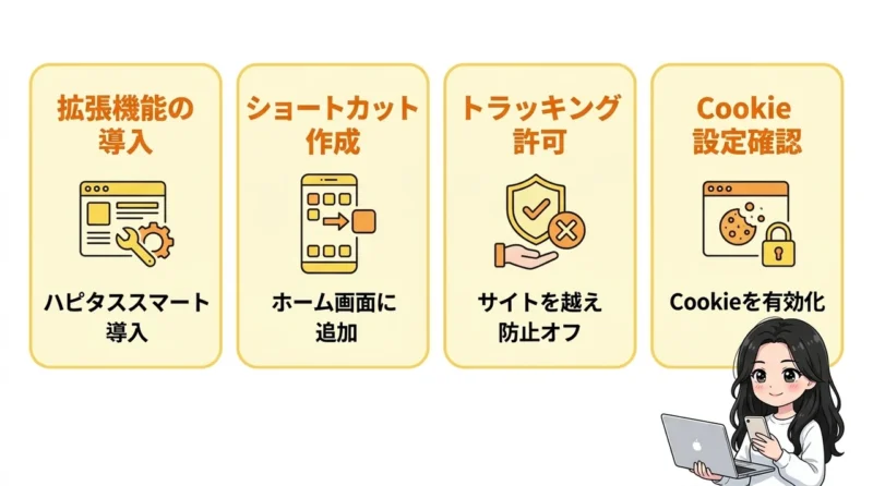 ブラウザ版を便利に使うハピタスの設定手順の要点をまとめた図解(拡張機能の導入・ショートカット作成・トラッキングを許可)
