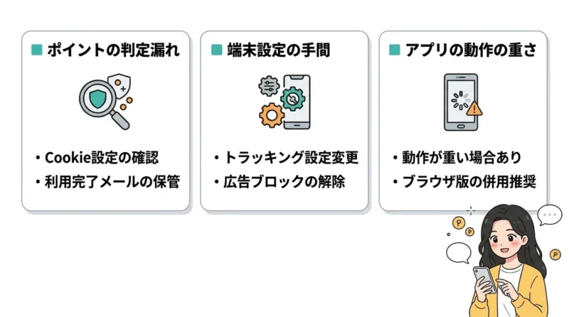 ハピタスアプリのデメリット3つの要点をまとめた図解(ポイントの判定漏れ・端末設定の手間・アプリの動作の重さ)