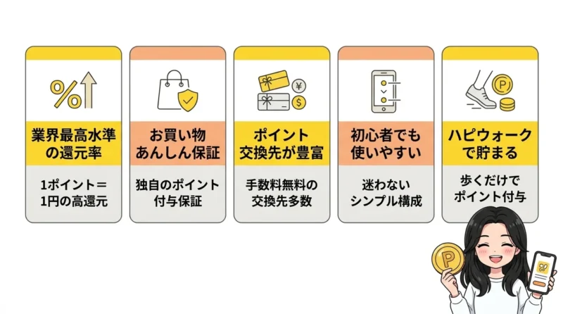 ハピタスを活用するメリット5つの要点をまとめた図解（業界最高水準の還元率・お買い物あんしん保証・ポイント交換先が豊富）