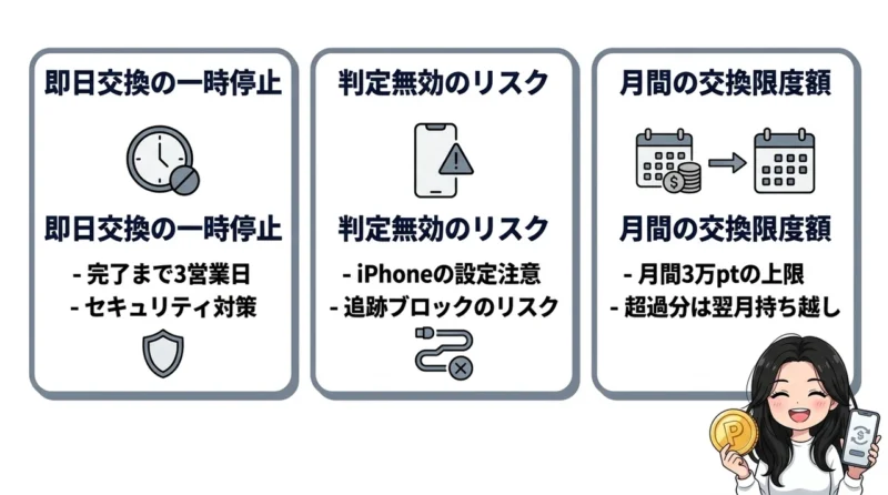 ハピタス利用時のデメリット3つの要点をまとめた図解（即日交換の一時停止・判定無効になるリスク・月間の交換限度額）