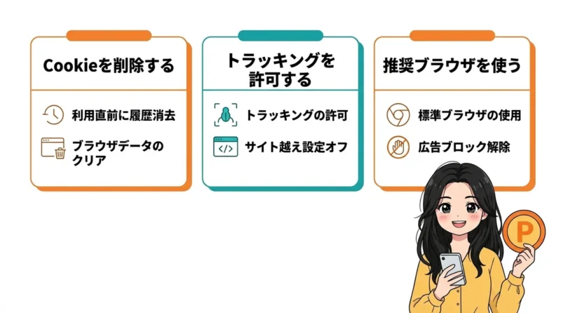 ハピタスで有効判定を確実に守る手順の要点をまとめた図解（Cookieを削除する・トラッキングを許可する・推奨ブラウザを使う）