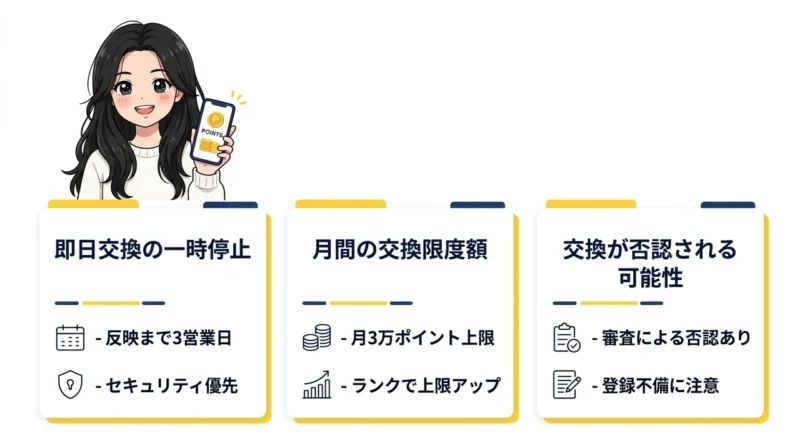 ハピタスでポイントを換金する際のデメリット3つの要点をまとめた図解(即日交換の一時停止・月間の交換限度額・交換が否認される可能性)