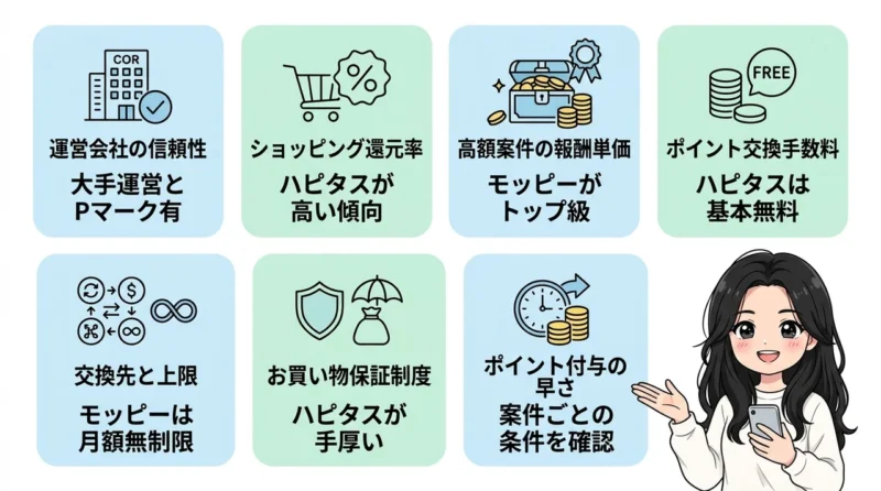 基本スペックと機能を比較の要点をまとめた図解（運営会社の信頼性・ショッピング還元率・高額案件の報酬単価）