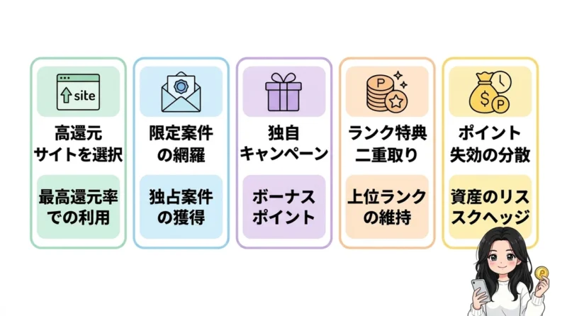サイトを併用するメリット5つの要点をまとめた図解（還元率の高い方を選べる・限定案件を網羅できる・独自キャンペーンの活用）