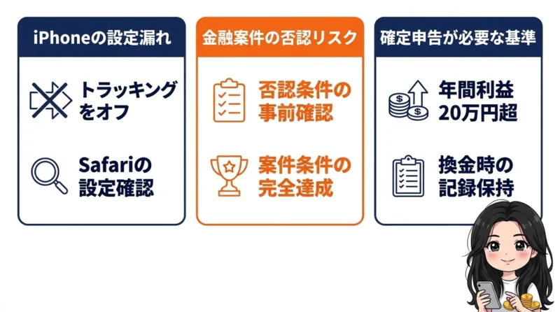 登録前に知るべき注意点3つの要点をまとめた図解（iPhoneの設定漏れ・金融案件の否認リスク・確定申告が必要な基準）