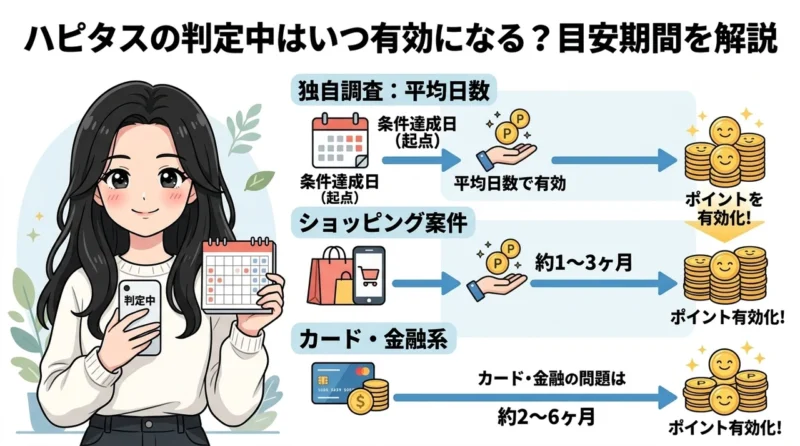 ハピタスの判定中はいつ有効になる?目安期間を解説の要点をまとめた図解(独自調査による平均日数・ショッピング案件の目安・カード・金融系の目安)