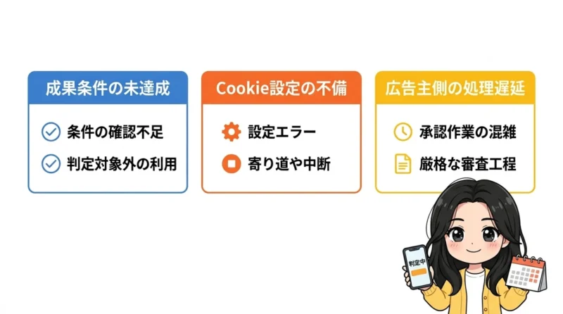 ハピタスの判定中が長い・反映されない主な原因の要点をまとめた図解(成果条件の未達成・Cookie設定の不備・広告主側の処理遅延)