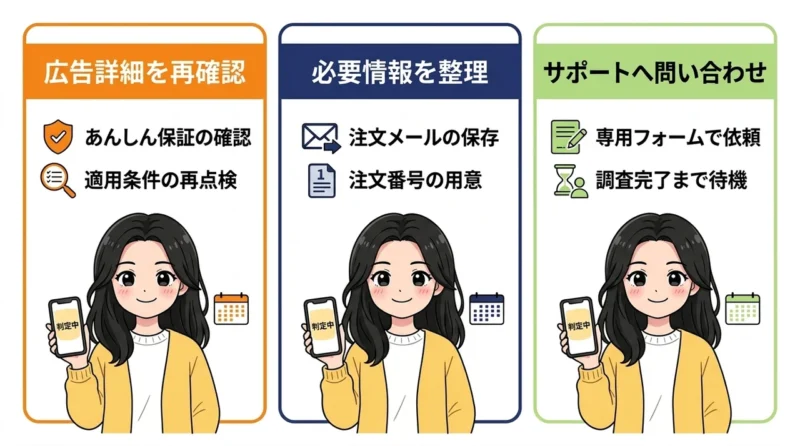 判定期間を過ぎた時の対処法3ステップの要点をまとめた図解(広告詳細を再確認・必要情報を整理・サポートへ問い合わせ)