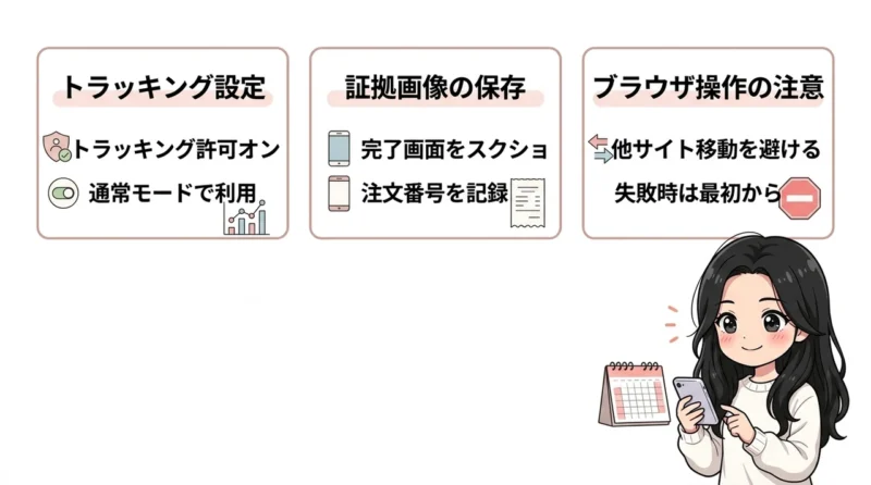 ハピタスで判定中の否認を防ぐ事前設定と対策の要点をまとめた図解(トラッキング設定・証拠画像の保存・ブラウザ操作の注意点)
