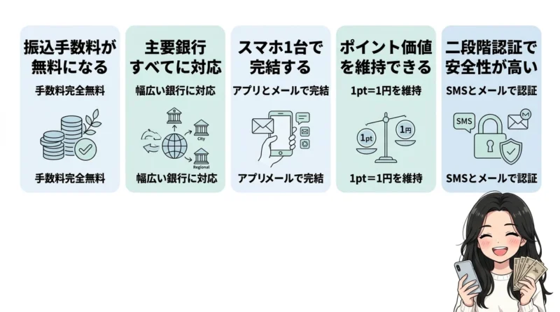 デジタルギフト経由で現金交換するメリット5つの要点をまとめた図解（振込手数料が無料になる・主要銀行すべてに対応・スマホ1台で完結する）