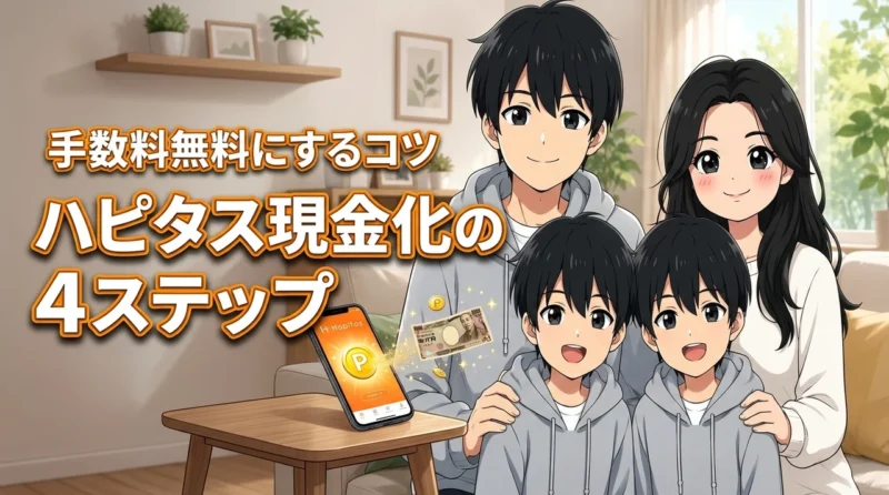 ハピタスでポイント交換して現金を受け取る4ステップ！手数料無料で振込むコツ（記事のアイキャッチ画像）