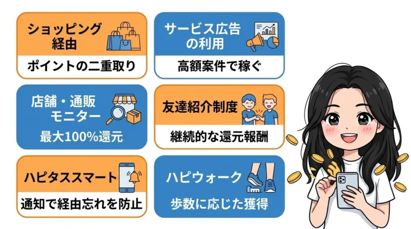 ハピタスでの効率的なポイントの貯め方の要点をまとめた図解（ショッピング経由・サービス広告の利用・店舗・通販モニター）