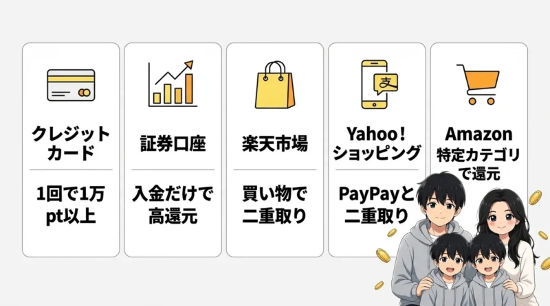 初心者におすすめのハピタス案件5選の要点をまとめた図解（クレジットカード・証券口座・楽天市場）
