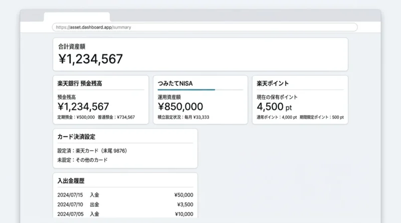 ポイント獲得後に併用すべき楽天サービス4選の操作画面のイメージ(楽天銀行・楽天カード・楽天ポイント)