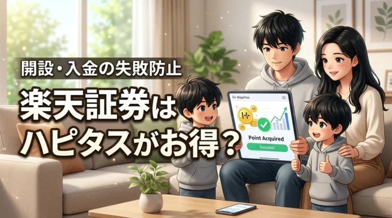 楽天証券の口座開設はハピタスが一番お得？判定待ちや入金条件の失敗を防ぐコツ（記事のアイキャッチ画像）