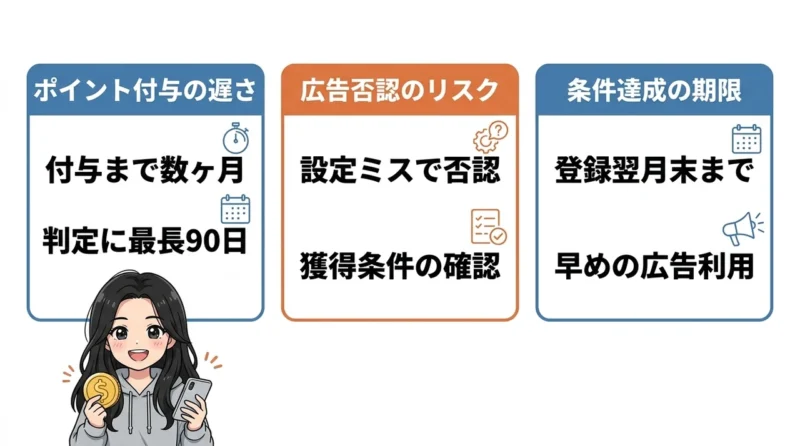ハピタス紹介キャンペーンのデメリット3つの要点をまとめた図解(ポイント付与の遅さ・広告が否認される恐れ・条件達成の期限)