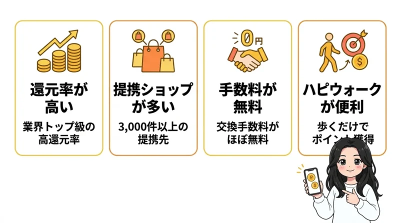 ハピタスのレビューを実体験に基づいて紹介の要点をまとめた図解(還元率が高い・提携ショップが多い・手数料が無料)