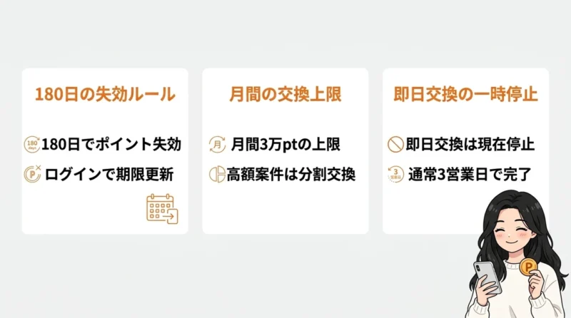 ハピタス利用時のデメリットの要点をまとめた図解(180日の失効ルール・月間の交換上限・即日交換の一時停止)