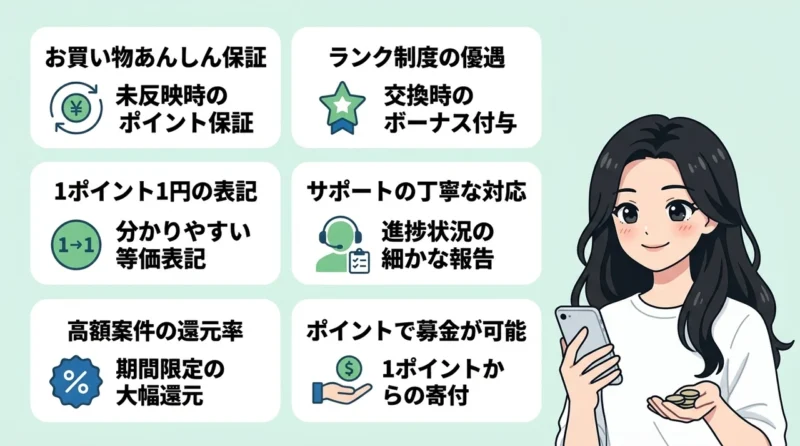 ハピタスを利用するメリットの要点をまとめた図解(お買い物あんしん保証・ランク制度の優遇・1ポイント1円の表記)