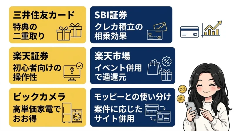 ハピタスで効率よく稼ぐおすすめ案件の要点をまとめた図解(三井住友カード・SBI証券・楽天証券)