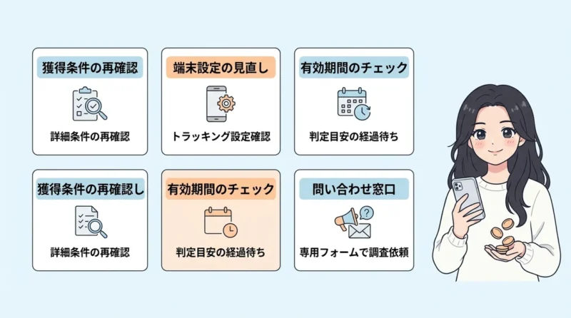 判定中から有効にならない時の対策の要点をまとめた図解(獲得条件を再確認する・端末の設定を見直す・有効期間をチェックする)