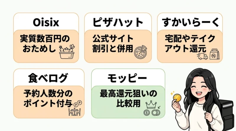 ウーバーイーツ以外の人気ポイ活グルメ5選の要点をまとめた図解(Oisix・ピザハット・すかいらーく)