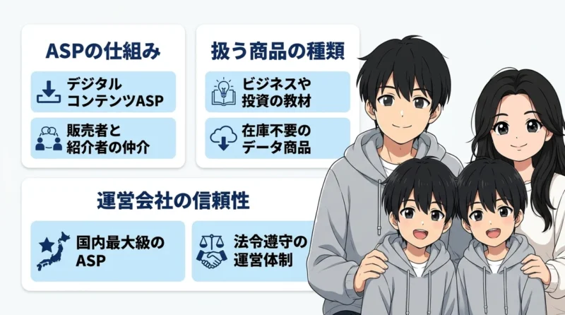インフォトップとは？ASPの仕組みと基本を解説の要点をまとめた図解（ASPの仕組み・扱う商品の種類・運営会社の信頼性）
