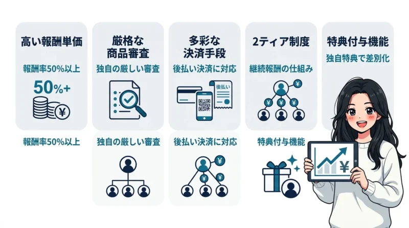 インフォトップを利用する5つのメリットの要点をまとめた図解（高い報酬単価・厳格な商品審査・多彩な決済手段）