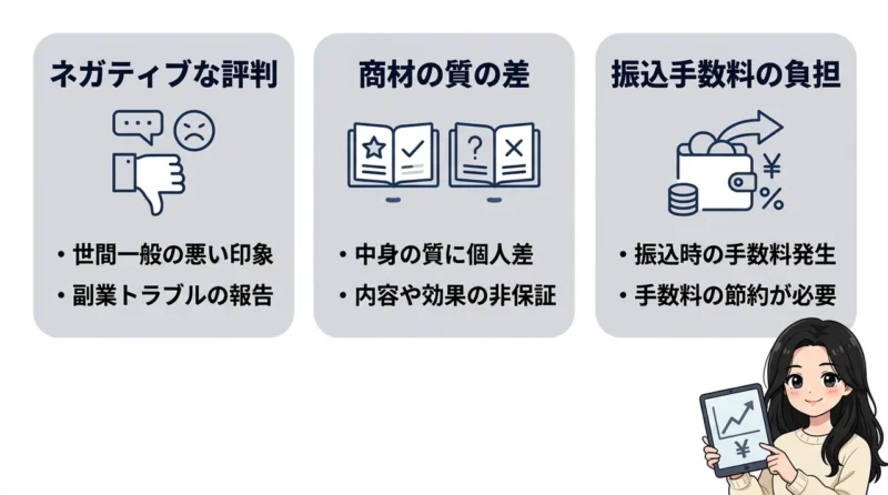 インフォトップの気になる3つのデメリットの要点をまとめた図解（ネガティブな評判・商材の質の差・振込手数料の負担）