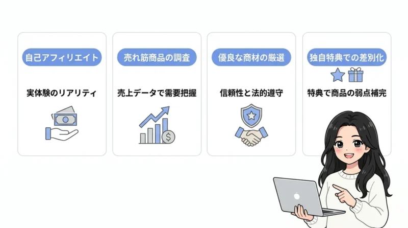 稼げる商材の見極め方と成約を出すコツの要点をまとめた図解(自己アフィリエイト・売れ筋商品の調査・優良な商材の厳選)
