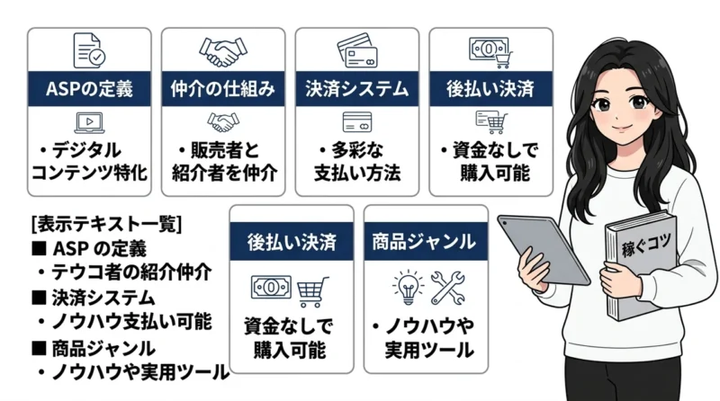 インフォトップと情報商材の仕組みと基礎知識の要点をまとめた図解（ASPの定義・仲介の仕組み・決済システム）