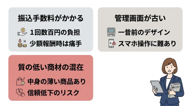 インフォトップを利用するデメリット3つの要点をまとめた図解（振込手数料がかかる・管理画面が古い・質の低い商材の混在）
