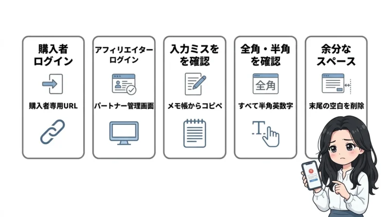 インフォトップにログインできない原因と解決策の要点をまとめた図解(購入者ログイン・アフィリエイターログイン・入力ミスを確認)